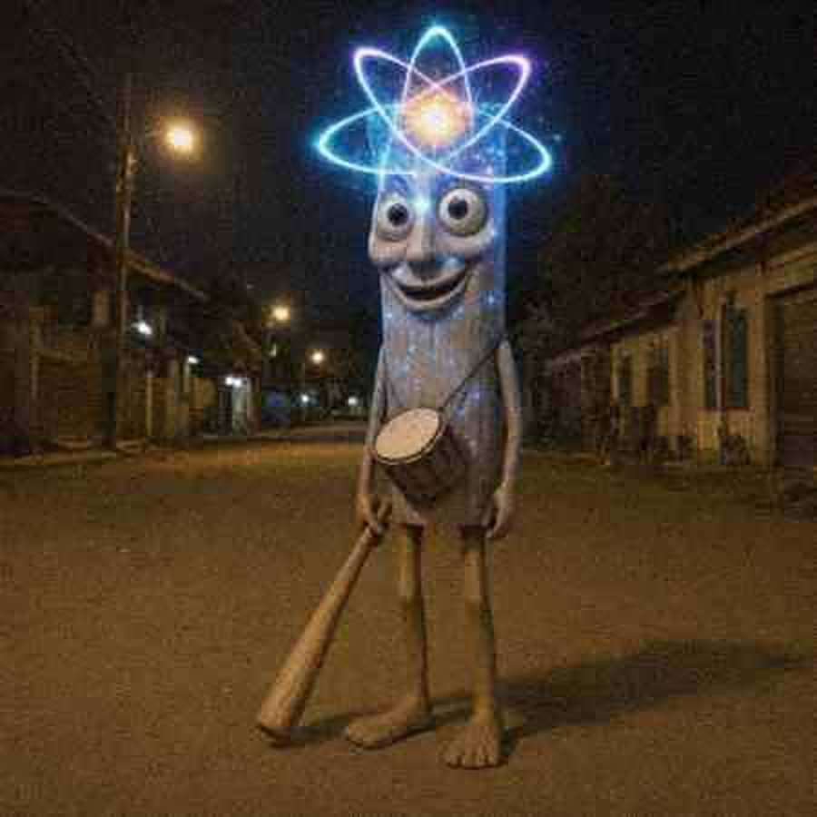 A glowing quantum atom appears above the wooden drummer's head on the village street