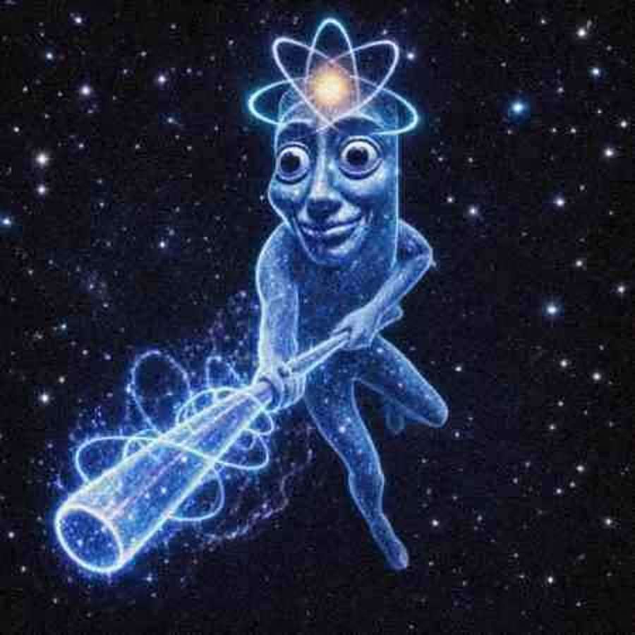 Quantum Tum Tum Sahur swinging his glowing bat straight at the viewer